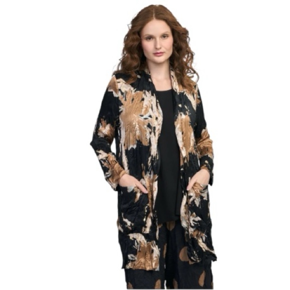 Alembika Yvaine Shimmer Jacket Crinkle Open Front Black Gold Size S US 8-12 NWT